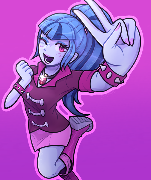 Size: 1721x2048 | Tagged: safe, artist:baboi, derpibooru import, sonata dusk, human, equestria girls, boots, bracelet, clothes, cute, eyeshadow, female, g4, gem, image, makeup, nail polish, one eye closed, open mouth, open smile, peace sign, png, purple background, shoes, simple background, siren gem, skirt, smiling, socks, solo, sonatabetes, spiked wristband, wink, wristband