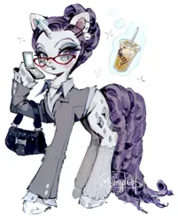 Size: 1649x2048 | Tagged: safe, artist:p0nyplanet, derpibooru import, rarity, pony, unicorn, alternate design, clothes, cutie mark, detached sleeves, female, glasses, horn, image, jpeg, mare, office lady, purse, shirt, simple background, solo, white background