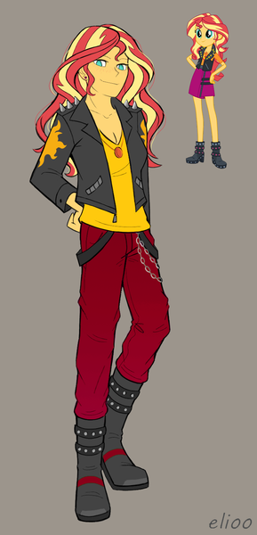 Size: 721x1498 | Tagged: safe, color edit, derpibooru import, edit, editor:red baron, sunset shimmer, human, equestria girls, boots, chains, clothes, clothing redesign, colored, ear piercing, earring, female, g4, geode of empathy, gray background, hand on hip, image, jacket, jewelry, magical geodes, necklace, pants, piercing, png, shoes, simple background, smiling, smirk, solo, standing