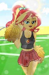 Size: 4932x7476 | Tagged: safe, artist:emeraldblast63, derpibooru import, sunset shimmer, human, equestria girls, alternate hairstyle, beautiful, beautiful eyes, beautisexy, belly button, bow, breasts, bright, busty sunset shimmer, cheerleader, cheerleader outfit, cheerleader sunset shimmer, cleavage, clothes, cloud, cutie mark, cutie mark on clothes, cyan eyes, dark red lipstick, female, football field, g4, goal, hair, hair bow, hairstyle, human coloration, image, lipstick, makeup, medium breasts, noon, one eyebrow lowered, png, pom pom, ponytail, reasonably sized breasts, sexy, skirt, sky, solo, solo female, sports, standing, stupid sexy sunset shimmer, sun, tanktop, teenager, walking, yellow body, yellow skin