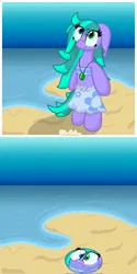 Size: 2048x4096 | Tagged: safe, artist:silvaqular, derpibooru import, oc, oc:cyanette, earth pony, pony, beach, bipedal, cartoon physics, clothes, comic, female, flattened, heterochromia, image, jewelry, jpeg, mare, multicolored hair, multicolored mane, multicolored tail, necklace, skirt, solo, tail