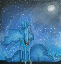 Size: 1003x1059 | Tagged: safe, artist:reamina, derpibooru import, princess luna, pony, 2017, colored pencil drawing, crayon, image, jpeg, leonine tail, solo, tail, traditional art