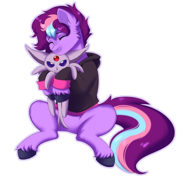 Size: 1907x1870 | Tagged: safe, artist:alunedoodle, derpibooru import, oc, unofficial characters only, pony, clothes, eyes closed, female, holding, hoodie, image, plushie, png, pokémon, smiling, solo