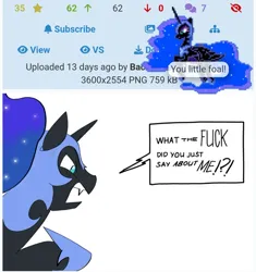 Size: 1080x1149 | Tagged: safe, artist:ponny, derpibooru import, nightmare moon, alicorn, pony, angry, april fools, april fools 2024, female, g4, helmet, hoof shoes, image, jpeg, mare, open mouth, simple background, speech bubble, text, vulgar, white background, yelling