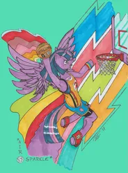Size: 827x1126 | Tagged: safe, artist:touki-san, derpibooru import, twilight sparkle, twilight sparkle (alicorn), alicorn, pony, semi-anthro, arms in the air, basket, basketball, basketball net, clothes, colorful background, copic, deviantart, flying, g4, image, jersey, marker drawing, markers, png, shoes, shorts, solo, sports, sports outfit, sports shorts, spread wings, traditional art, wings