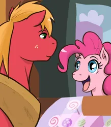Size: 543x623 | Tagged: safe, artist:redhotkick, derpibooru import, big macintosh, pinkie pie, earth pony, pony, ask big red macintosh, duo, duo male and female, female, image, jpeg, looking at each other, looking at someone, male, mare, open mouth, open smile, smiling, smiling at each other, stallion, sugarcube corner