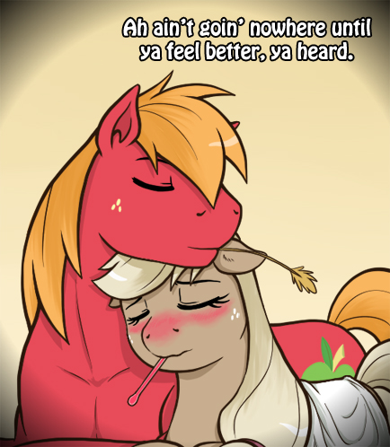 Size: 434x498 | Tagged: safe, artist:redhotkick, derpibooru import, applejack, big macintosh, earth pony, pony, ask big red macintosh, blushing, brother and sister, dialogue, duo, duo male and female, eyes closed, female, floppy ears, freckles, g4, gradient background, image, jpeg, male, mare, mouth hold, nuzzling, red nosed, siblings, sick, stallion, straw in mouth, thermometer