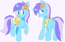 Size: 1381x885 | Tagged: safe, derpibooru import, diamond mint, pony, unicorn, blushing, female, flower, horn, image, looking at you, looking back, looking back at you, mare, png, saddle, simple background, smiling, smiling at you, solo, solo female, tack