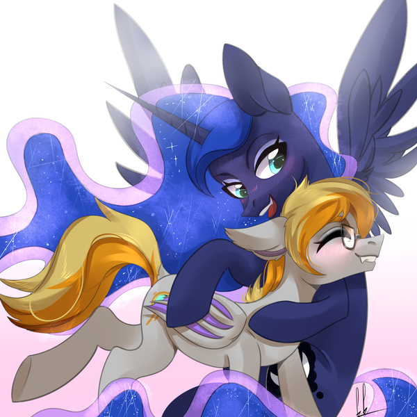 Size: 2500x2500 | Tagged: artist needed, safe, derpibooru import, princess luna, oc, oc:ember eclipse, alicorn, bat pony, bat pony oc, bat wings, canon, canon x oc, commission, cute, glasses, image, jpeg, wings