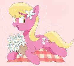 Size: 1166x1049 | Tagged: safe, derpibooru import, lily, lily valley, earth pony, pony, blushing, bouquet, female, flower, flower in hair, image, looking at you, mare, picnic blanket, png, simple background, smiling, smiling at you, solo, solo female