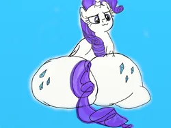 Size: 1024x768 | Tagged: suggestive, artist:dupeliss, derpibooru import, rarity, pony, unicorn, :3, blue background, both cutie marks, butt, female, g4, horn, huge butt, image, large butt, looking back, mare, plot, png, rear view, simple background, sitting, solo, solo female, tail