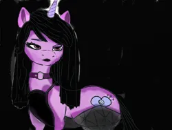 Size: 1024x768 | Tagged: safe, artist:dupeliss, derpibooru import, izzy moonbow, pony, unicorn, g5, choker, clothes, female, goth, goth izzy, horn, image, lidded eyes, mare, png, solo, tail
