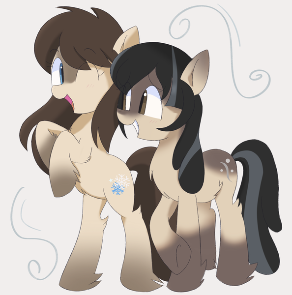 Size: 2574x2601 | Tagged: artist needed, safe, derpibooru import, oc, oc:cold shoulder, oc:frosty flakes, unofficial characters only, earth pony, pony, taiga pony, blaze (coat marking), blushing, chest fluff, cute, duo, female, fluffy, image, looking at each other, looking at someone, mare, one eye closed, png, rearing, simple background, smiling, snow, snowpony, socks (coat marking), white background