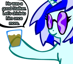 Size: 1440x1255 | Tagged: safe, artist:fluor1te, derpibooru import, vinyl scratch, pony, unicorn, 2012, alcohol, dialogue, drink, female, g4, hoof hold, horn, image, mare, png, simple background, solo, speech bubble, sunglasses, transparent background