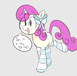 Size: 1589x1575 | Tagged: safe, artist:spoonie, derpibooru import, twinkleshine, pony, unicorn, blushing, bow, clothes, dialogue, female, hair bow, horn, image, mare, open mouth, png, simple background, socks, solo, solo female, striped socks