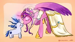 Size: 1920x1080 | Tagged: safe, artist:crescentt_m00n, derpibooru import, princess cadance, shining armor, alicorn, pony, unicorn, blushing, boop, clothes, dress, duo focus, eyes closed, female, g4, horn, image, jpeg, looking at each other, looking at someone, male, marriage, meme, noseboop, nuzzling, ship:shiningcadance, shipping, simple background, smiling, smiling at each other, straight, the bride and the ugly ass groom, veil, wedding, wedding dress, wedding veil