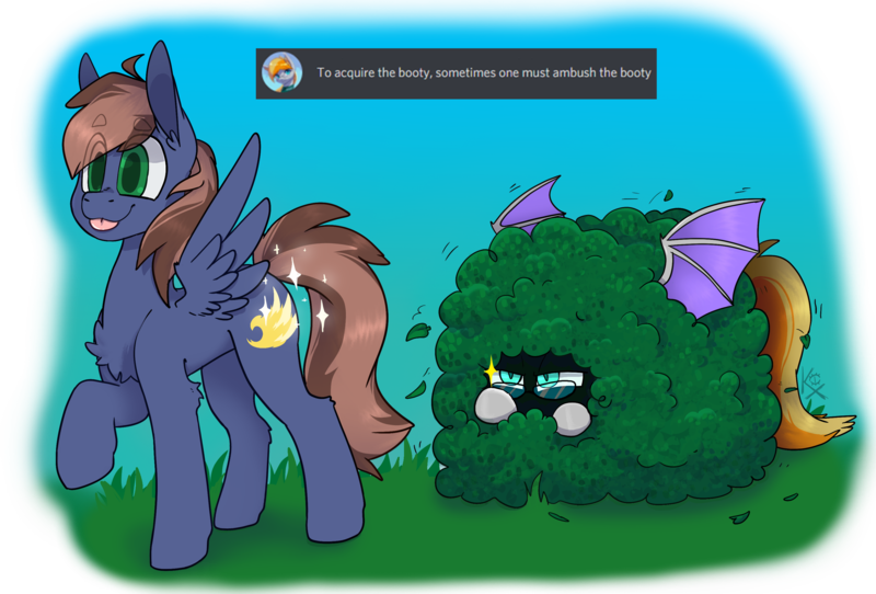 Size: 3176x2150 | Tagged: safe, artist:cattie, derpibooru import, oc, oc:ember eclipse, oc:stormchaser, unofficial characters only, bat pony, pegasus, pony, :p, ambush, bat pony oc, bat wings, bush, funny, glasses, hiding, hiding in bushes, image, meme, pegasus oc, png, sparkles, spread wings, tongue out, unaware, waiting, wings