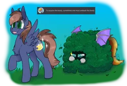 Size: 3176x2150 | Tagged: safe, artist:cattie, derpibooru import, oc, oc:ember eclipse, oc:stormchaser, unofficial characters only, bat pony, pegasus, pony, :p, ambush, bat pony oc, bat wings, bush, funny, glasses, hiding, hiding in bushes, image, meme, pegasus oc, png, sparkles, spread wings, tongue out, unaware, waiting, wings