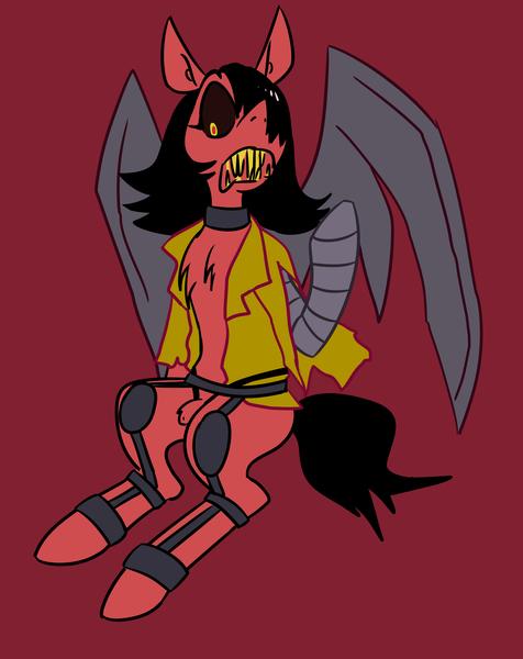Size: 2000x2519 | Tagged: questionable, artist:lordzardozz, derpibooru import, oc, oc:pixie, unofficial characters only, pony, amputee, artificial wings, augmented, choker, image, jpeg, leg brace, looking down, male, nudity, open mouth, prosthetic limb, prosthetic wing, prosthetics, red background, red sclera, sharp teeth, sheath, simple background, sitting, solo, spread wings, stallion, tail, teeth, wings