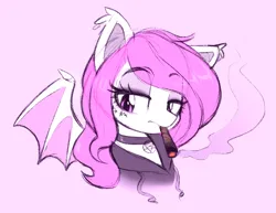 Size: 818x630 | Tagged: safe, artist:moozua, derpibooru import, oc, oc:faded lights, bat pony, pony, bat pony oc, bat wings, blunt, bust, choker, clothes, eyeshadow, female, hoodie, image, makeup, mare, pentagram, png, portrait, simple background, smoking, solo, wings