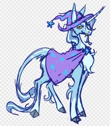 Size: 874x1003 | Tagged: safe, artist:devilbunzz, derpibooru import, trixie, pony, unicorn, alternate color palette, alternate design, alternate tailstyle, alternate universe, blaze (coat marking), blue coat, cape, chest fluff, clothes, cloven hooves, coat markings, colored hooves, colored horn, colored pinnae, colored sclera, colored teeth, curved horn, facial markings, fangs, female, g4, hat, horn, image, leg fluff, leonine tail, lidded eyes, long legs, long mane, long tail, mare, narrowed eyes, patterned background, png, profile, red pupils, smiling, socks (coat marking), solo, standing, striped horn, tail, tail fluff, tall, thin, thin legs, trixie's cape, trixie's hat, unicorn horn, wavy mane, wavy tail, yellow sclera