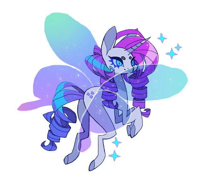 Size: 1190x1082 | Tagged: safe, artist:cutesykill, derpibooru import, rarity, bug pony, insect, pony, unicorn, beanbrows, big ears, blue eyes, blue sclera, butterfly wings, colored eyebrows, colored hooves, colored horn, colored pinnae, colored sclera, concave belly, eyebrows, female, flying, g4, horn, image, jpeg, long horn, long legs, mare, purple mane, purple tail, race swap, rear view, ringlets, shiny mane, shiny tail, simple background, slit pupils, smiling, solo, sparkles, sparkly wings, spread wings, tail, thick eyelashes, thin legs, transparent wings, unicorn horn, white background, white coat, wings