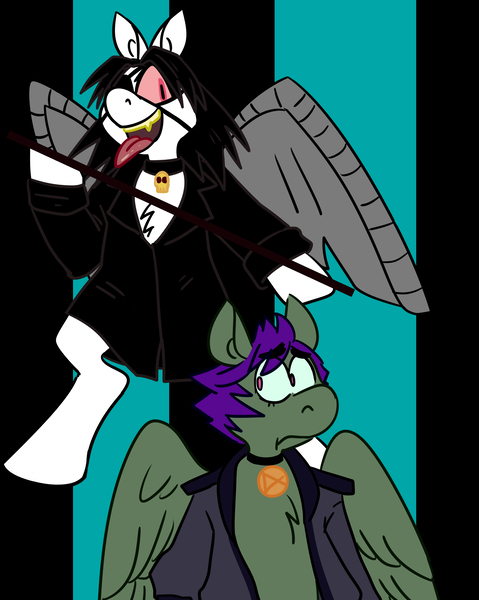 Size: 2395x3000 | Tagged: safe, artist:lordzardozz, derpibooru import, oc, oc:mars, oc:sirius, unofficial characters only, pegasus, pony, amputee, artificial wings, augmented, bipedal, choker, clothes, duo, eyepatch, fangs, image, jacket, jpeg, open mouth, open smile, pegasus oc, prosthetic limb, prosthetic wing, prosthetics, red sclera, smiling, tongue out, wings