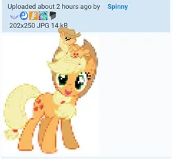 Size: 720x668 | Tagged: safe, derpibooru import, edit, applejack, earth pony, pony, derpibooru, applejacks hat, april fools 2024, desktop ponies, image, meta, pixel art, png, sprite