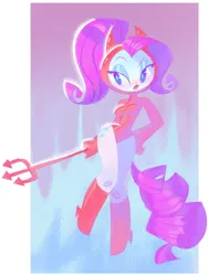 Size: 1012x1348 | Tagged: safe, artist:shgrcube, derpibooru import, rarity, human, 2022, alternate hairstyle, boots, breasts, clothes, costume, cutie mark on human, devil costume, devil horns, female, g4, halloween, halloween costume, hand on hip, holiday, horns, humanized, image, leotard, pitchfork, png, pony coloring, shoes, solo, tail, tailed humanization