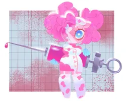 Size: 1261x1009 | Tagged: safe, artist:shgrcube, derpibooru import, pinkie pie, anthro, earth pony, 2022, bandage, clothes, g4, giant syringe, halloween, hat, holiday, image, looking at you, nurse, nurse hat, nurse outfit, png, socks, solo, stockings, syringe, thigh highs