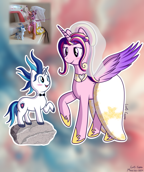 Size: 2480x2953 | Tagged: safe, artist:lurfy, derpibooru import, princess cadance, shining armor, alicorn, pony, unicorn, 2024, alternate hairstyle, blushing, bowtie, clothes, dress, duo, duo male and female, female, g4, height difference, hoof shoes, horn, image, looking down, looking up, male, mare, meme, messy mane, open mouth, open smile, photo reference, png, princess shoes, raised hoof, rock, ship:shiningcadance, shipping, signature, smiling, spread wings, stallion, straight, tail, the bride and the ugly ass groom, toy, toy interpretation, unshorn fetlocks, veil, wedding dress, wedding veil, wings