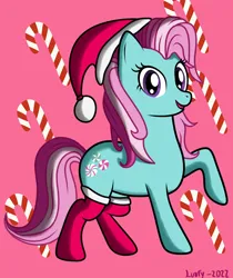 Size: 2480x2953 | Tagged: safe, artist:lurfy, derpibooru import, minty, earth pony, pony, g3, 2022, candy, candy cane, christmas, clothes, female, food, g3 to g4, g4, generation leap, hat, holiday, image, jpeg, looking at you, mare, open mouth, santa hat, signature, socks, solo, tail, that pony sure does love socks