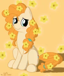 Size: 2480x2953 | Tagged: safe, artist:lurfy, derpibooru import, pear butter, earth pony, pony, 2023, blushing, female, flower, flower background, flower in hair, flower in tail, g4, image, jpeg, looking at you, mare, signature, sitting, smiling, tail