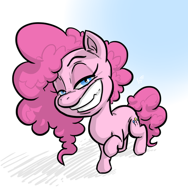 Size: 720x720 | Tagged: safe, artist:lurking-e, derpibooru import, pinkie pie, earth pony, pony, female, g4, grin, image, lidded eyes, looking at you, mare, png, raised hoof, smiling, smiling at you, solo, tail