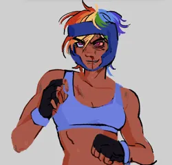 Size: 1348x1301 | Tagged: safe, artist:eeriezoundzz, derpibooru import, part of a set, rainbow dash, human, equestria girls, blood, clothes, eyebrow piercing, female, fighting stance, fit, g4, headgear, humanized, image, jpeg, lip piercing, martial arts, nosebleed, piercing, raised fist, slender, solo, solo female, sparring, sports bra, sports outfit, tanned, thin, toned, toned female