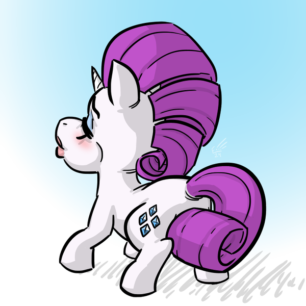 Size: 720x720 | Tagged: safe, artist:lurking-e, derpibooru import, rarity, pony, unicorn, 2024, blushing, eyes closed, female, g4, horn, image, mare, png, rear view, signature, solo, tail