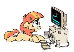 Size: 970x686 | Tagged: safe, artist:myra, derpibooru import, oc, oc:aimless, unofficial characters only, earth pony, pony, cables, computer, computer mouse, computer screen, earth pony oc, escii keyboard, female, filly, foal, happy, image, looking sideways, lying down, microsoft, microsoft windows, old computer, on floor, png, prone, scary maze game, simple background, smiling, solo, speaker, this will end in tears, white background