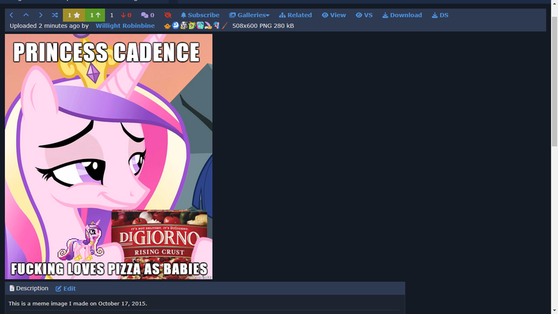 Size: 1366x768 | Tagged: safe, derpibooru import, edit, screencap, princess cadance, derpibooru, april fools 2024, caption, desktop ponies, digiorno, food, g4, image, image macro, meme, meta, pixel art, pizza, pizza box, png, sprite, text, vulgar