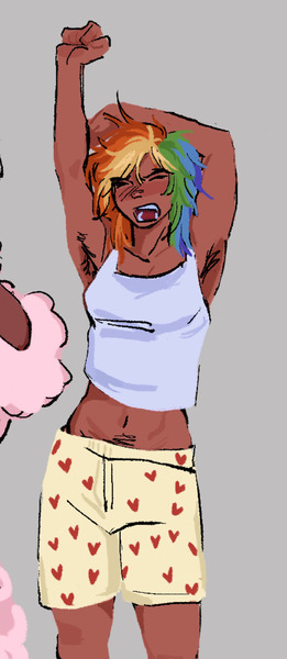 Size: 672x1544 | Tagged: suggestive, artist:eeriezoundzz, derpibooru import, part of a set, rainbow dash, human, equestria girls, armpit hair, armpits, blood, boxer briefs, boxers, breasts, clothes, eyebrow piercing, female, fit, g4, happy trail, humanized, image, jpeg, lip piercing, nose wrinkle, nosebleed, piercing, scrunchy face, simple background, slender, solo, solo female, stretching, tanned, thin, toned, toned female, underwear, yawn