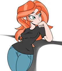 Size: 1039x1200 | Tagged: safe, artist:reiduran, derpibooru import, edit, edited edit, sunset shimmer, human, equestria girls, black shirt, breasts, busty sunset shimmer, clothes, clothes edit, denim, edit of an edit of an edit, female, freckles, g4, ginger, ginger edit, human coloration, humanized, image, jeans, lidded eyes, natural hair color, pants, peppered bacon, png, redhead, simple background, solo, sunset ginger, white background, wide hips