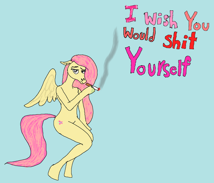 Size: 1280x1098 | Tagged: safe, artist:paper-piper, derpibooru import, fluttershy, anthro, pegasus, pony, unguligrade anthro, cigarette, female, frown, g4, image, light blue background, looking at you, mare, png, simple background, smoke, spread wings, tail, vulgar, wings