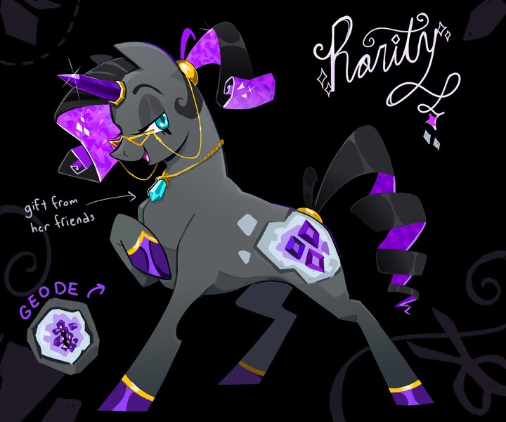 Size: 3000x2500 | Tagged: safe, artist:cracklewink, derpibooru import, rarity, pony, unicorn, abstract background, alternate color palette, alternate cutie mark, alternate design, alternate hairstyle, alternate mane color, alternate tail color, bangles, blue eyes, colored hooves, colored horn, concave belly, crystal horn, eyelashes, eyeshadow, female, g4, geode, glasses, glasses chain, gray coat, high res, hoof on chest, horn, horn ring, image, jewelry, jpeg, lidded eyes, looking back, makeup, mare, necklace, open mouth, open smile, ponytail, profile, raised hoof, redesign, ring, ringlets, shiny hooves, shiny mane, shiny tail, smiling, solo, sparkly eyes, sparkly mane, sparkly tail, standing, tail, text, tied mane, two toned mane, two toned tail, white text, wide stance, wingding eyes