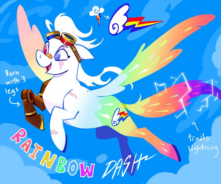 Size: 3000x2500 | Tagged: safe, artist:cracklewink, derpibooru import, rainbow dash, pegasus, pony, alternate color palette, alternate cutie mark, alternate design, alternate eye color, alternate hairstyle, alternate mane color, alternate tail color, amputee, bandaid, bandaid on nose, colored wings, electricity, eye scar, eyelashes, facial scar, female, flying, g4, goggles, goggles on head, heterochromia, high res, image, jpeg, leg scar, lightning, long mane, long tail, mare, multicolored coat, multicolored wings, open mouth, open smile, prosthetic leg, prosthetic limb, prosthetics, rainbow text, rainbow wings, redesign, scar, sky background, smiling, spread wings, tail, text, twitterina design, white mane, white text, wings