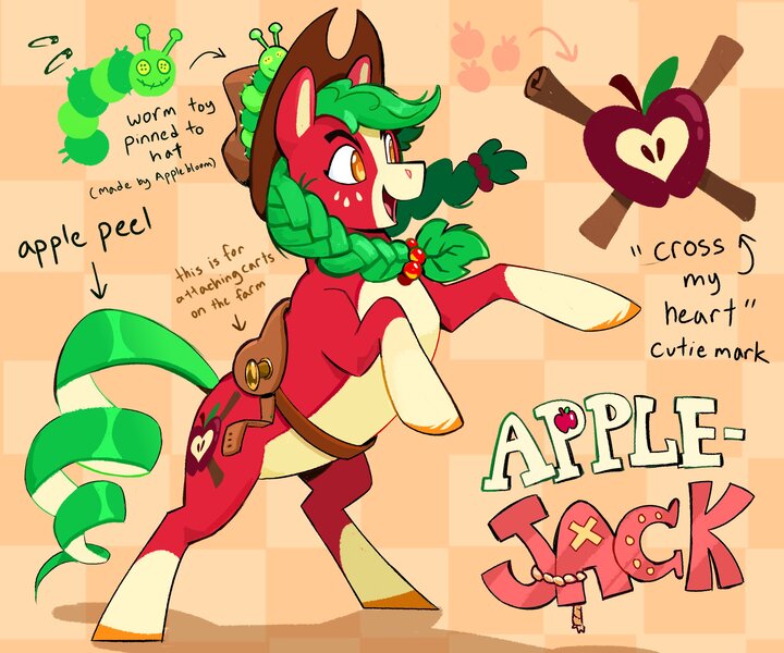 Size: 3000x2500 | Tagged: safe, artist:cracklewink, derpibooru import, applejack, earth pony, pony, alternate color palette, alternate cutie mark, alternate eye color, alternate hair color, alternate tail color, alternate tailstyle, applejack's hat, blaze (coat marking), braid, braided pigtails, checkered background, coat markings, colored belly, colored hooves, colored muzzle, colored pinnae, cowboy hat, curly tail, eyelashes, facial markings, female, freckles, g4, green mane, hat, high res, image, jpeg, mare, open mouth, open smile, pale belly, patterned background, pigtails, plushie, rearing, red coat, saddle, shadow, smiling, socks (coat marking), solo, tack, tail, text, tied mane, two toned mane, unshorn fetlocks, wingding eyes, yellow eyes