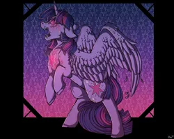 Size: 1280x1024 | Tagged: semi-grimdark, artist:binibean, derpibooru import, twilight sparkle, twilight sparkle (alicorn), alicorn, pony, abstract background, crying, element of magic, floppy ears, image, jpeg, large wings, open mouth, partially open wings, rearing, solo, wings