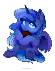 Size: 3165x4096 | Tagged: safe, artist:serenity, derpibooru import, princess luna, alicorn, pony, chibi, constellation, constellation hair, cute, cuteness overload, ear fluff, eating, female, fluffy, g4, horn, image, looking at you, lunabetes, mare, moonpie, munching, nom, partially open wings, png, simple background, solo, sparkles, white background, wings