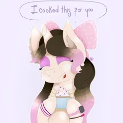 Size: 2000x2000 | Tagged: safe, artist:kathepart, derpibooru import, oc, oc:kinna-ca, unofficial characters only, pony, unicorn, ^^, bow, bracelet, collar, cupcake, dialogue, ear fluff, eyes closed, eyeshadow, female, food, hair bow, hair bun, happy, horn, image, jewelry, looking at you, makeup, mare, necklace, png, simple background, smiling, smiling at you, solo, text