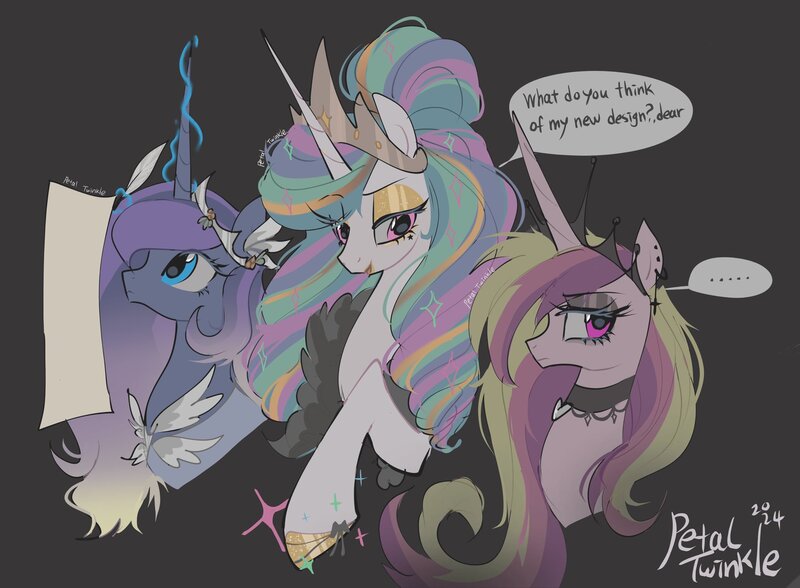 Size: 2048x1504 | Tagged: safe, artist:petaltwinkle, derpibooru import, princess cadance, princess celestia, princess luna, alicorn, pony, ..., alicorn triarchy, alternate color palette, alternate design, alternate hair color, alternate hairstyle, bags under eyes, blue coat, blue eyes, bust, cadance is not amused, choker, cross earring, crown, curly mane, dialogue, ear piercing, earring, emo, ethereal mane, eye clipping through hair, eyebrows, eyebrows visible through hair, eyeshadow, feather boa, female, floating eyebrows, frown, g4, glow, glowing horn, gradient mane, gray background, hair bun, headpiece, heart choker, height difference, hoof shoes, horn, image, jewelry, jpeg, lidded eyes, lipstick, long eyelashes, long horn, long mane, looking at someone, looking back, looking up, magic, makeup, mare, messy mane, multicolored mane, open mouth, open smile, paper, piercing, pink coat, pink eyes, princess shoes, profile, quill pen, raised eyebrow, raised hoof, regalia, ringlets, role reversal, signature, simple background, smiling, sparkles, speech bubble, talking, telekinesis, thick horn, tiara, tied mane, trio, trio female, unamused, unicorn horn, wall of tags, white coat, wingding eyes, writing