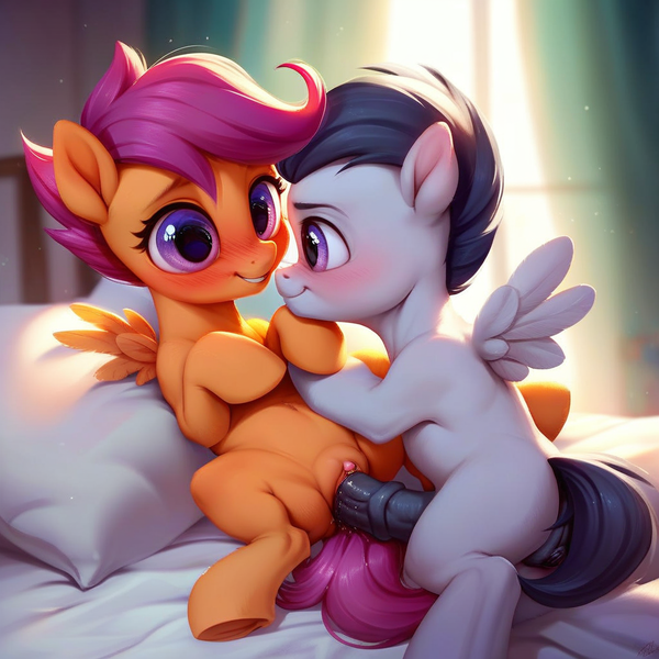 Size: 1024x1024 | Tagged: explicit, ai content, derpibooru import, machine learning generated, prompter:jbond, stable diffusion, rumble, scootaloo, pegasus, pony, bed, blushing, clitoris, colt, cute, cute porn, duo, duo male and female, female, filly, foal, foalcon, g4, generator:pony diffusion v6 xl, horsecock, image, lying down, male, nudity, on back, on bed, penetration, penis, pillow, png, rumbloo, sex, shipping, spread legs, spreading, straight, underage, vaginal, vulva