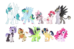 Size: 900x600 | Tagged: safe, artist:kraytt-05, derpibooru import, oc, oc:ania, oc:bitter zest, oc:blaze warm, oc:bubble gum, oc:cotton foam, oc:fervent flame, oc:light sword, oc:onus, oc:philadelfia, oc:zero fire, unofficial characters only, alicorn, classical unicorn, dracony, hippogriff, hybrid, kirin, pony, unicorn, alicorn oc, bandage, bandaged leg, black sclera, bow, cloven hooves, deviantart watermark, female, freckles, horn, image, interspecies offspring, kirin oc, leonine tail, magical lesbian spawn, male, mare, next generation, obtrusive watermark, offspring, parent:double diamond, parent:dumbbell, parent:flash sentry, parent:gilda, parent:lord tirek, parent:oc:fluffle puff, parent:pinkie pie, parent:pokey pierce, parent:princess cadance, parent:princess celestia, parent:queen chrysalis, parent:rainbow dash, parent:rarity, parent:shining armor, parent:soarin', parent:spike, parent:sunset shimmer, parent:twilight sparkle, parents:canon x oc, parents:celestirek, parents:chrysipuff, parents:doublesunset, parents:flashlight, parents:gildabell, parents:pokeypie, parents:shiningcadance, parents:soarindash, parents:sparity, png, simple background, spread wings, stallion, tail, tail bow, transparent background, unshorn fetlocks, watermark, wings